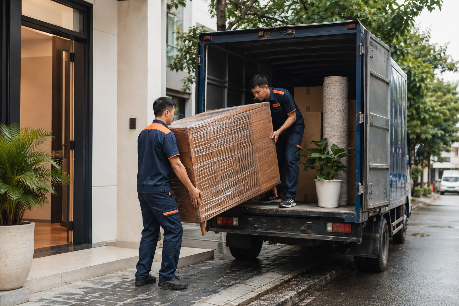 Đội vận chuyển đưa tủ đã bọc lên xe